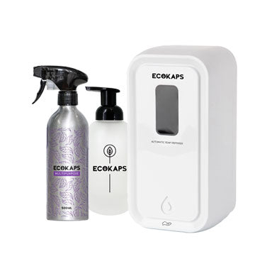 ECOKAPS, bottles and dispensers, cleaning and hand soap tablets and powder, international